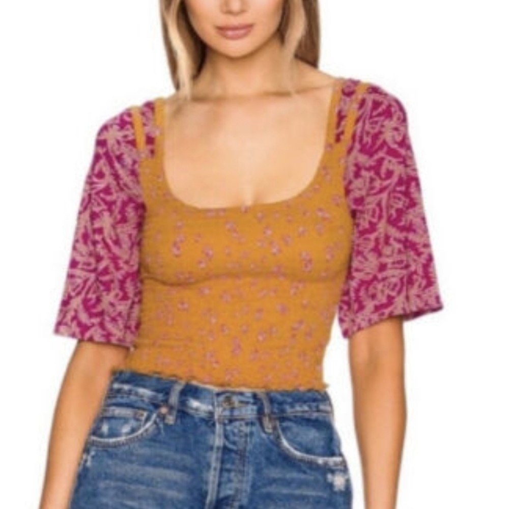 Free People Marigold and Pink Smocked Crop Blouse L - Picture 3 of 8